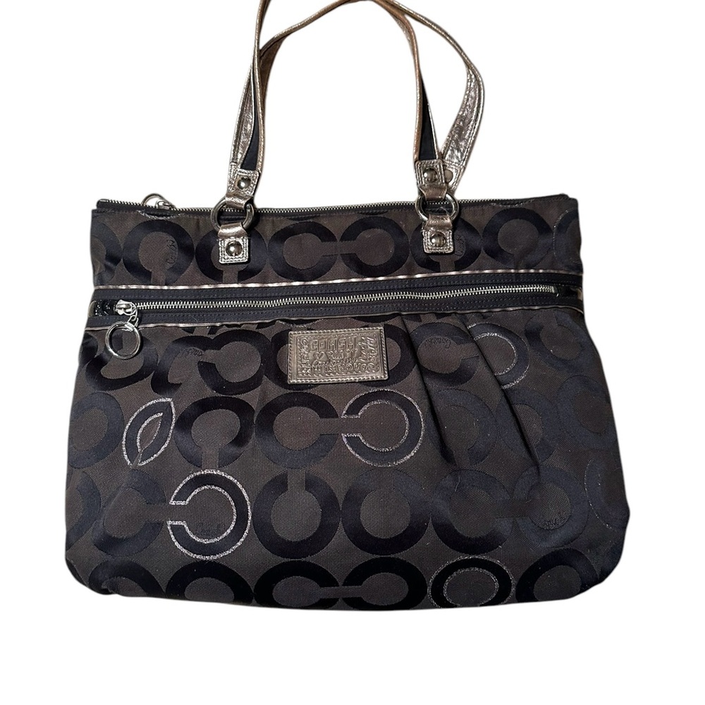 Coach Black Tote Bag with Monogram Pattern and Silver Accents